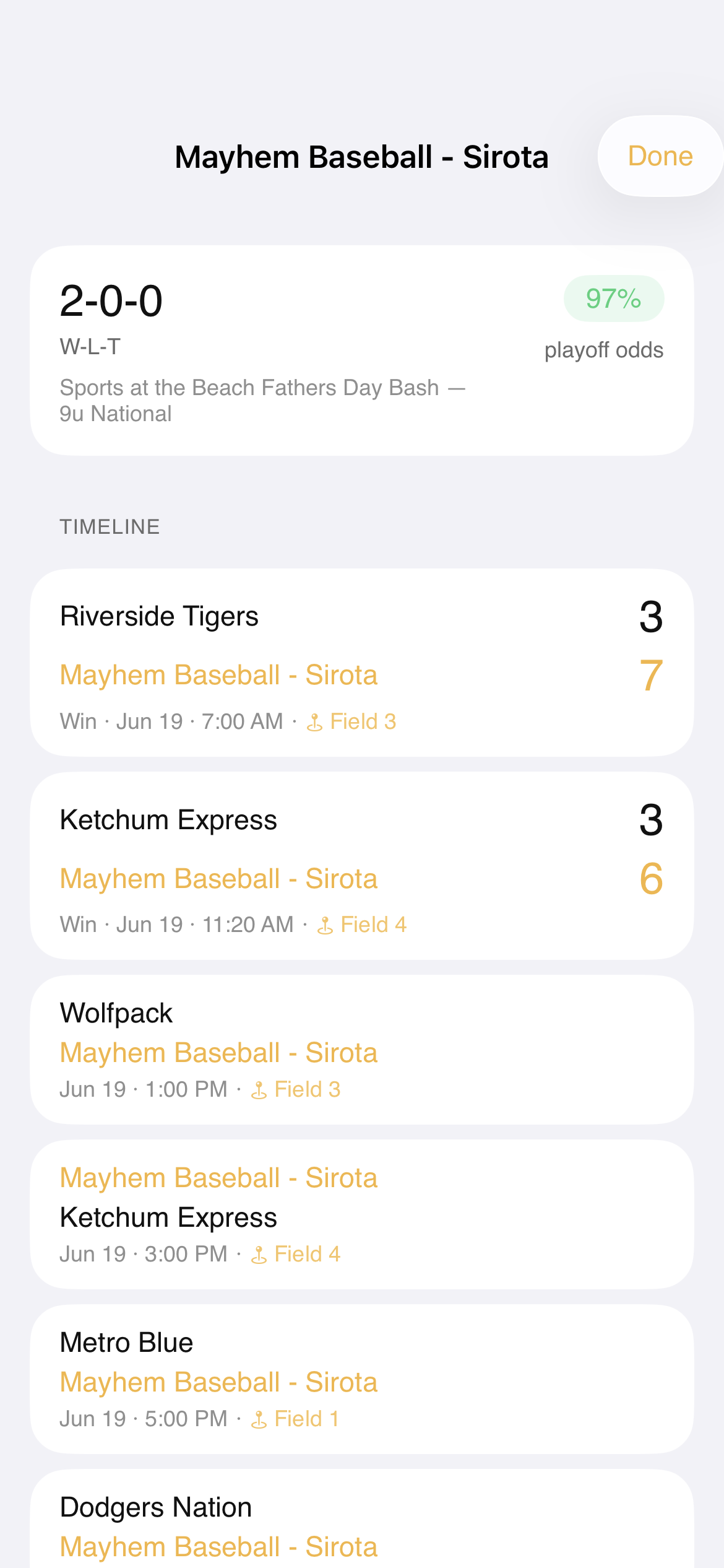 First Base team detail — game history and playoff odds breakdown