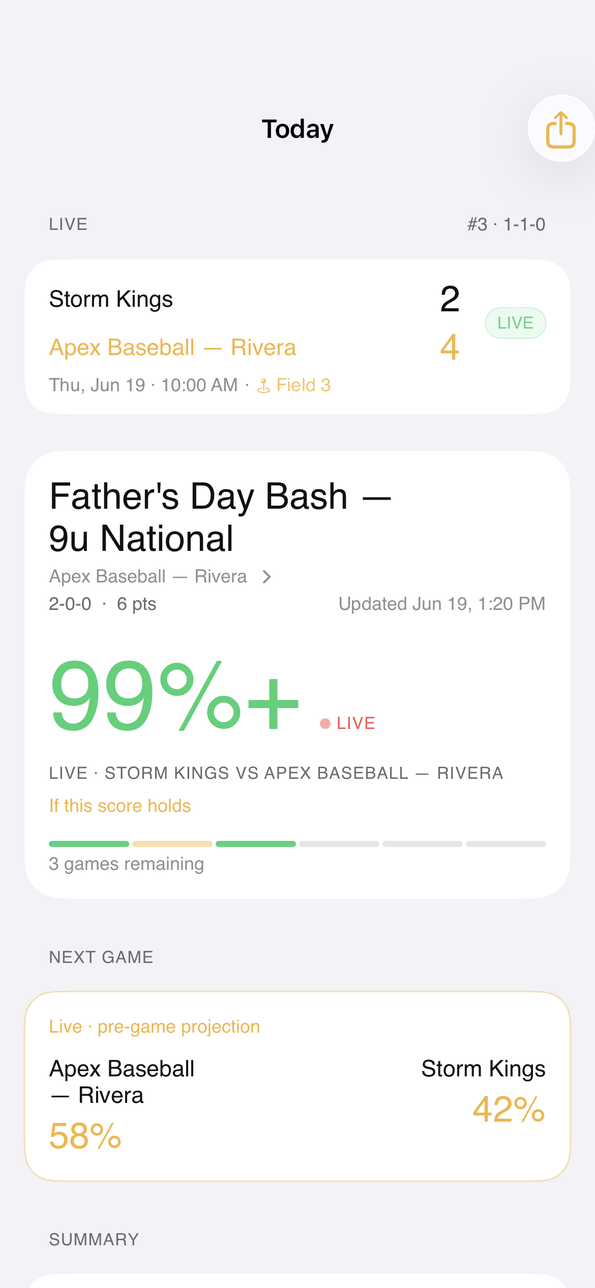 First Base Today view — live in-progress score with provisional playoff odds