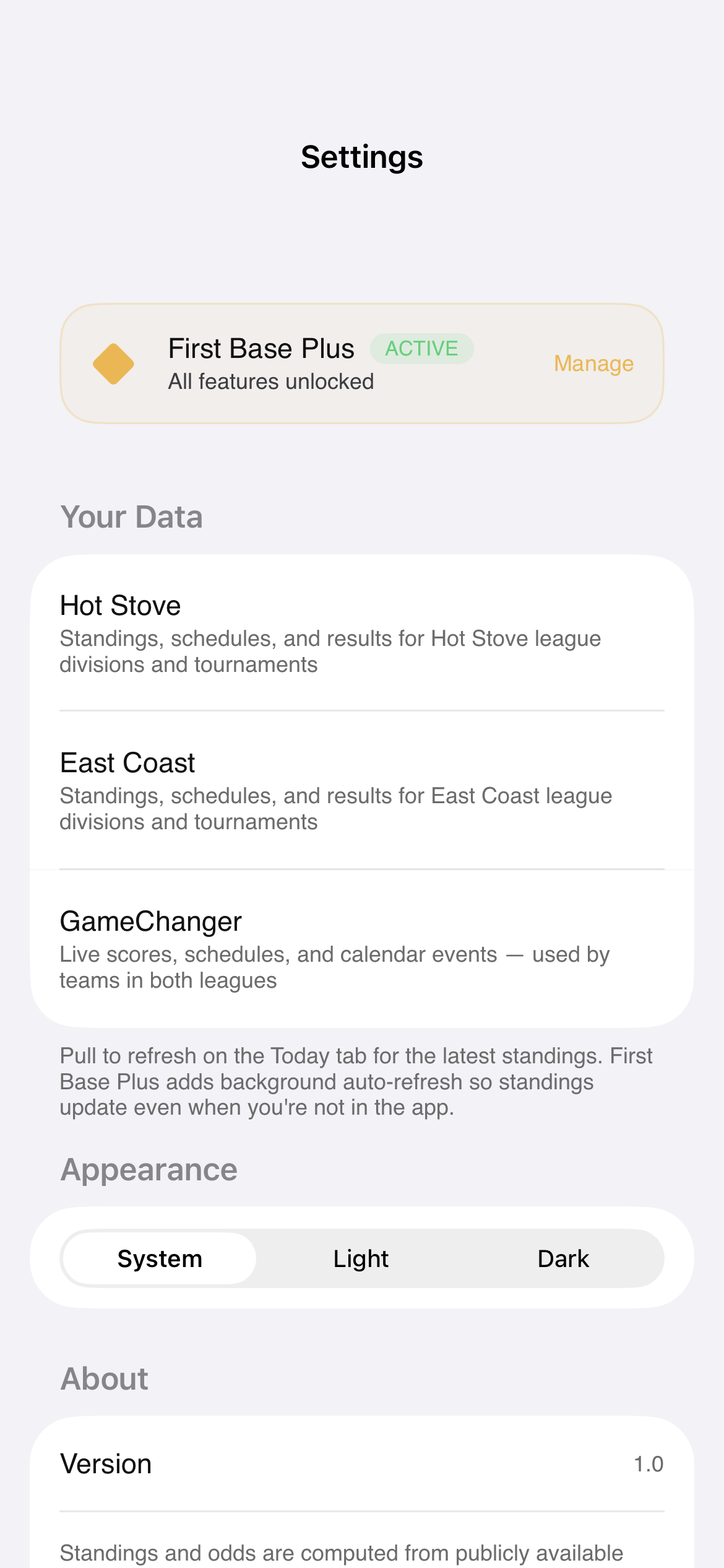 First Base Settings — data sources and GameChanger connection
