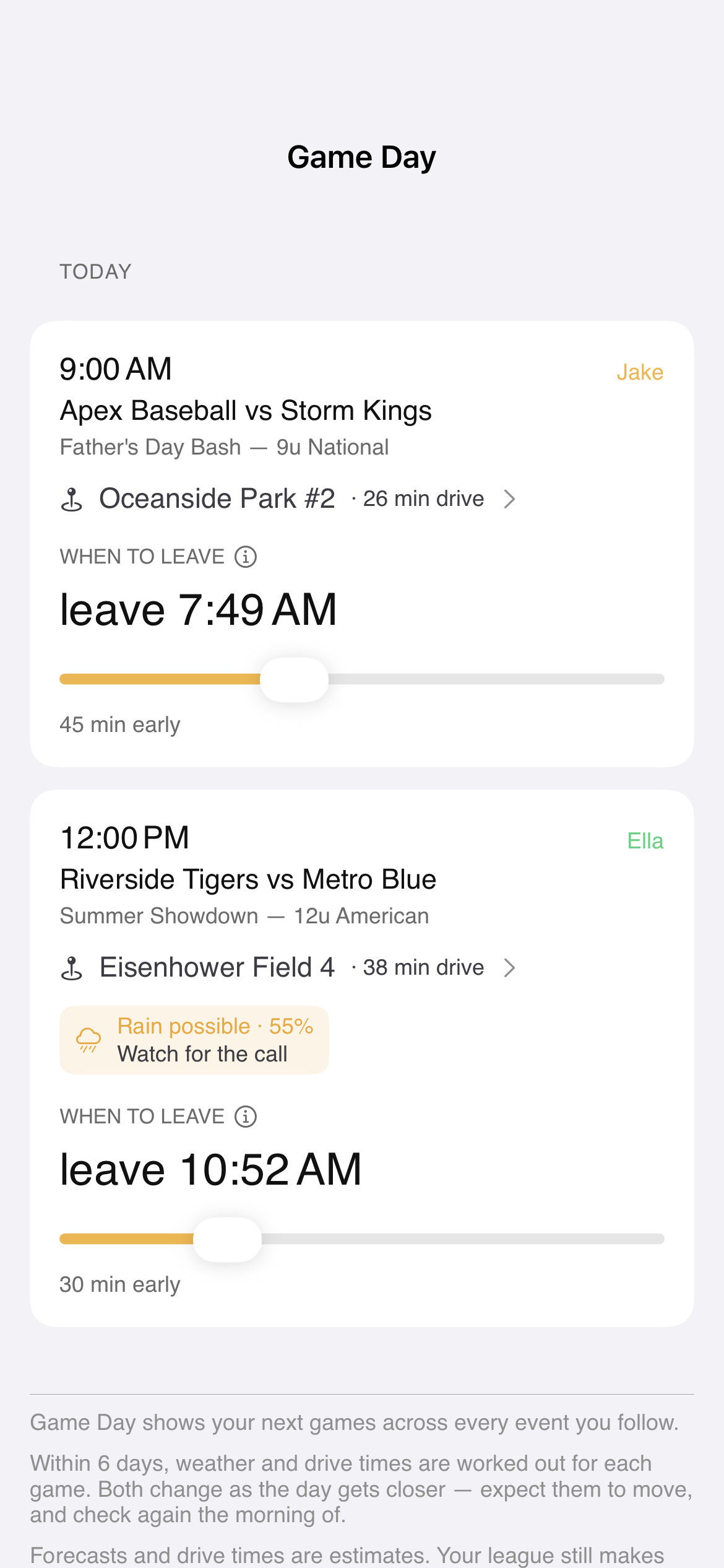 First Base Game Day tab — departure times and rain risk for each game